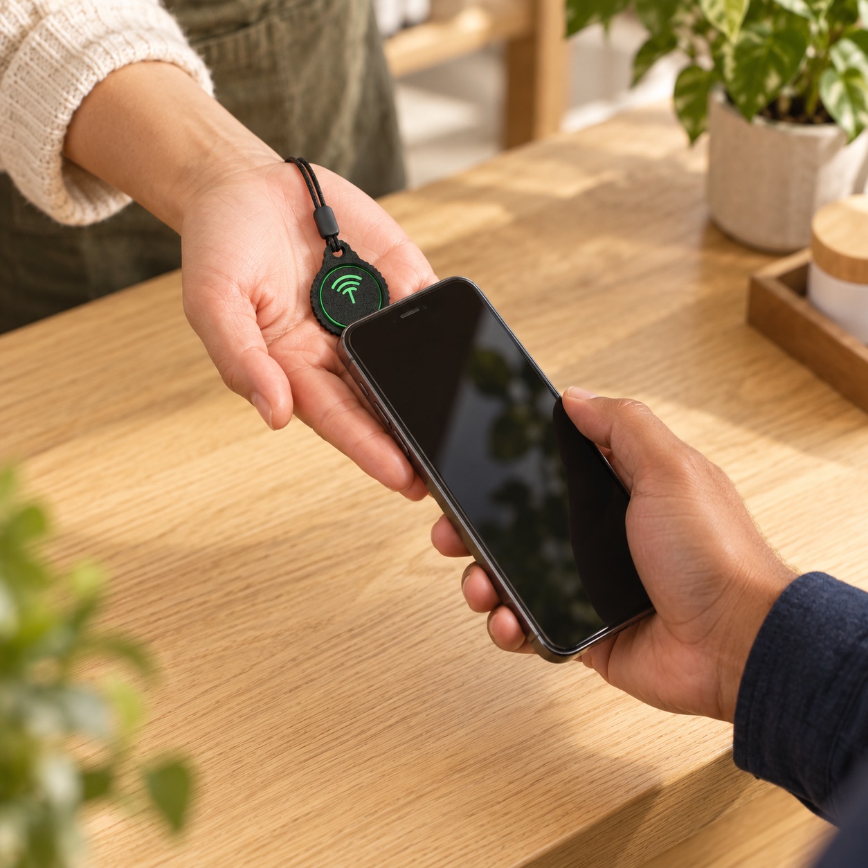One person holds a black and green TagLink while another brings their phone to it across a counter