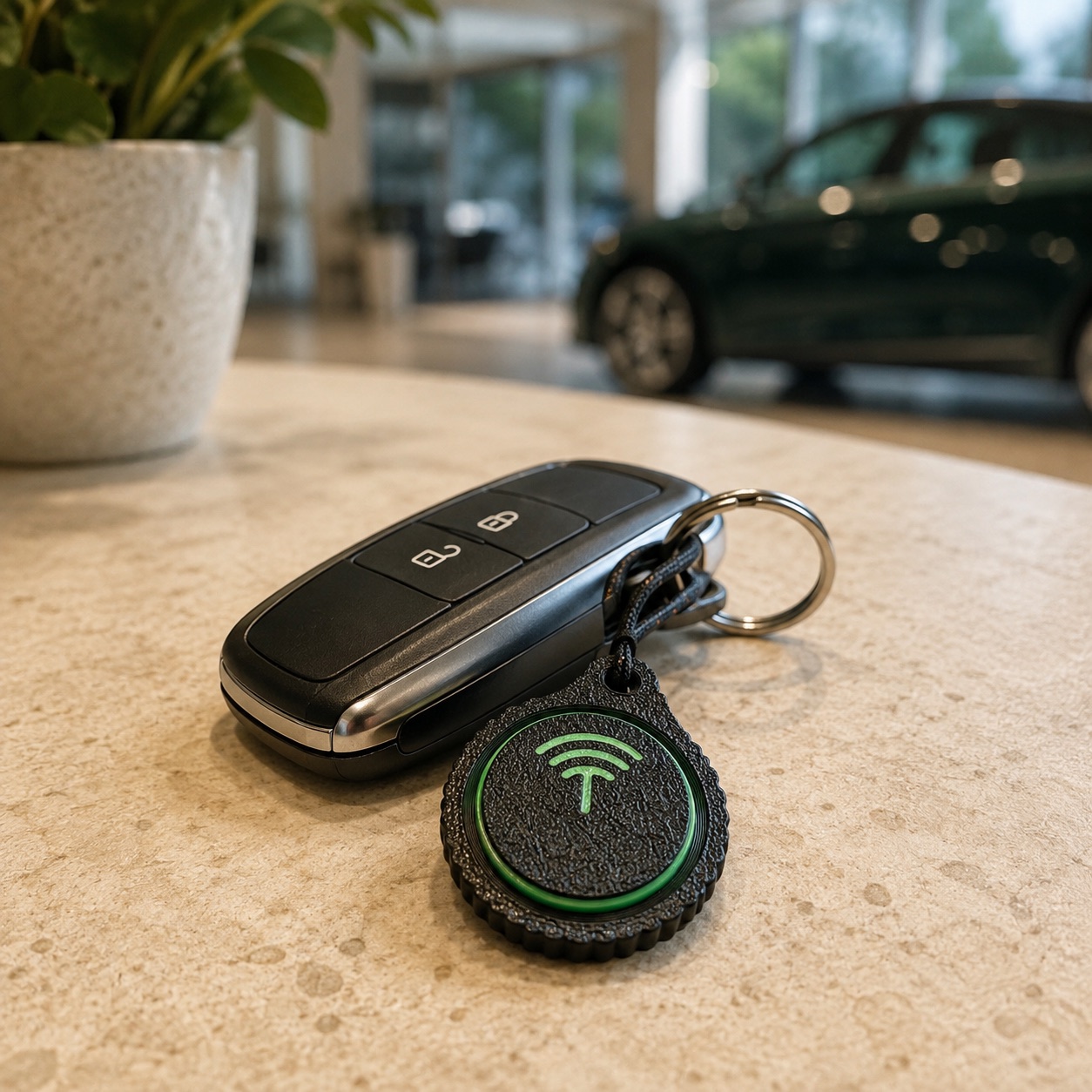 A black and green TagLink attached to a car key on a showroom counter