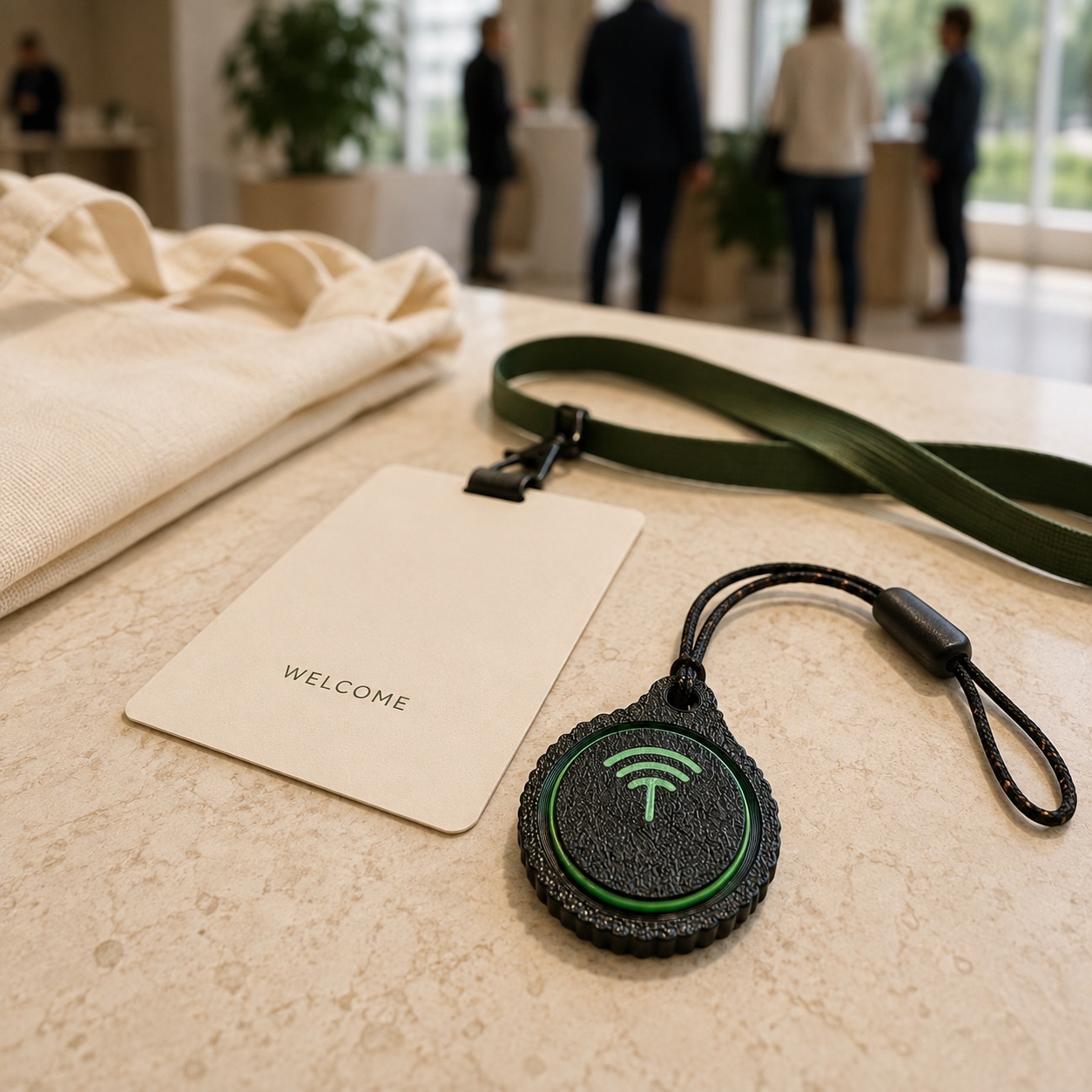 A black and green TagLink beside a welcome badge, green lanyard and event tote bag